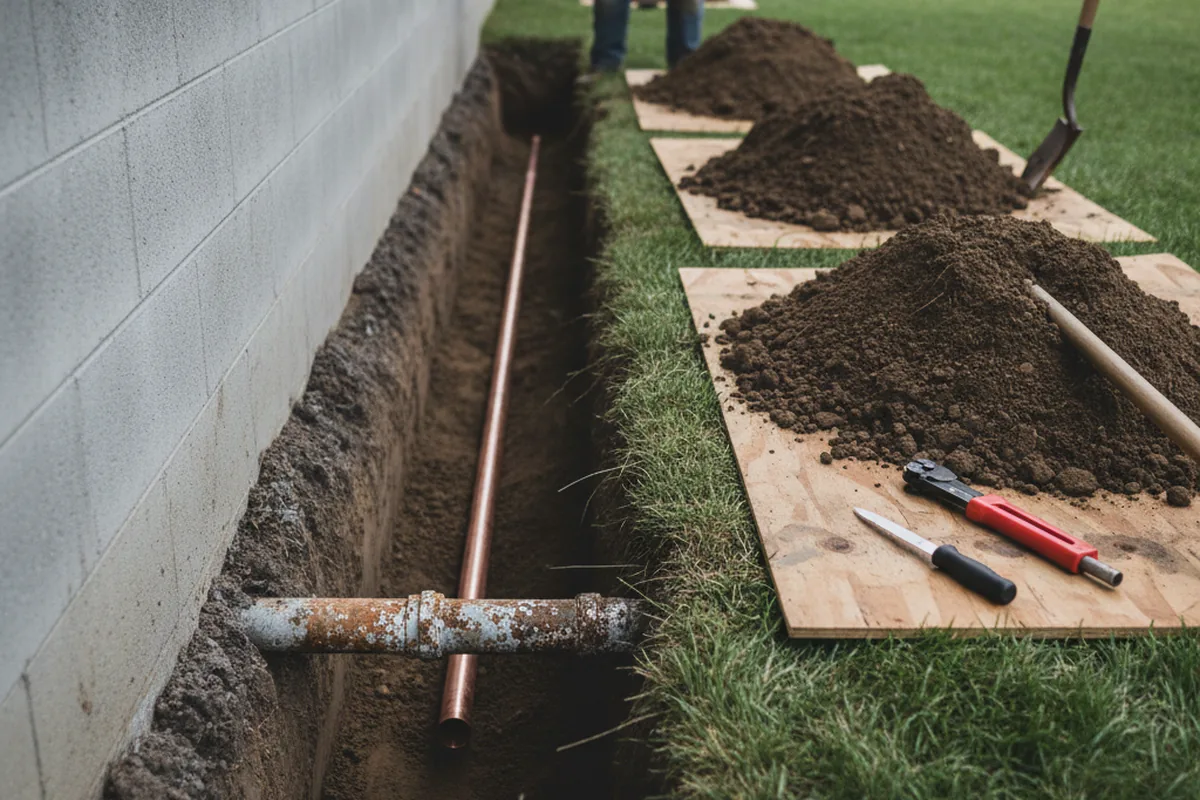 Excavated water line trench during Water Heater Repair in Espanola